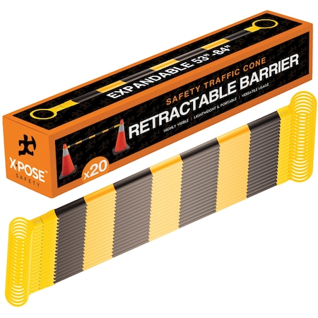 Xpose Safety Retractable Cone Bar, PVC, 53-84" Length, Black/Yellow 20 PK CBY53/84-20-N-S